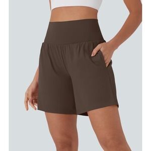 Halara Womens High Waisted 2-in-1 Athletic Shorts Brown XL Pockets Running Yoga